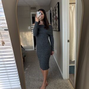 Off-Shoulder Ribbed Knit Midi Dress - Gray